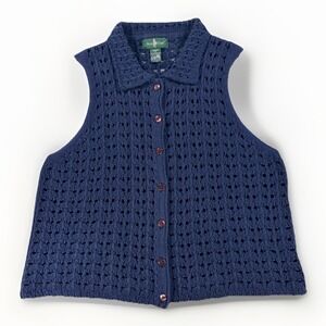 Hunt Club Crochet Sweater Vest Womens XL Navy Button Front Knit Cottagecore